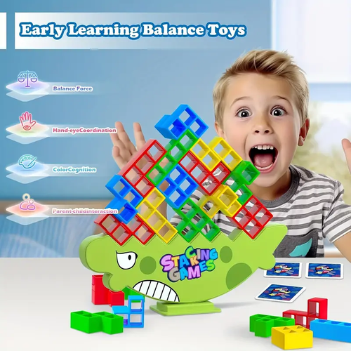 64pcs Dinosaur Tetra Tower Balance Stacking Games for 2+ Players Stack Attack Building Tower Game Kids Teens & Adults Board Game Family Party Team Game Toys Christmas Holiday Birthday School Gift