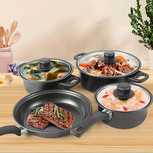 13pcs cast iron cookware set, non-stick POTS and pans with glass LIDS, lightweight and portable, including frying pan, milk pan and nylon cutlery, perfect for camping, picnicking, traveling - black