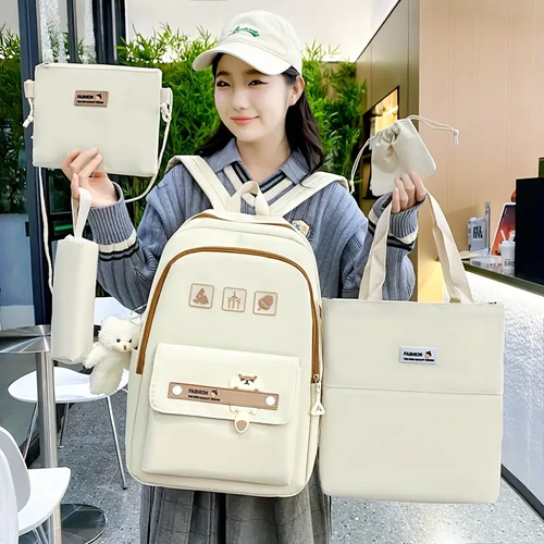 5pcs Cute Cartoon School Backpack, 1set Preppy Style Travel Bookbag Daypack With Tote Bag Crossbody Bag Pencil Case And Drawstring Storage Bag