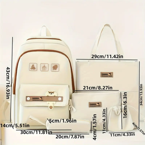 5pcs Cute Cartoon School Backpack, 1set Preppy Style Travel Bookbag Daypack With Tote Bag Crossbody Bag Pencil Case And Drawstring Storage Bag