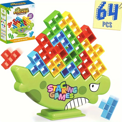 64pcs Dinosaur Tetra Tower Balance Stacking Games for 2+ Players Stack Attack Building Tower Game Kids Teens & Adults Board Game Family Party Team Game Toys Christmas Holiday Birthday School Gift