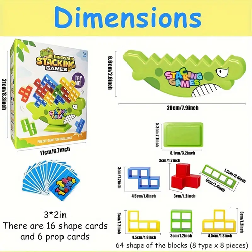 64pcs Dinosaur Tetra Tower Balance Stacking Games for 2+ Players Stack Attack Building Tower Game Kids Teens & Adults Board Game Family Party Team Game Toys Christmas Holiday Birthday School Gift