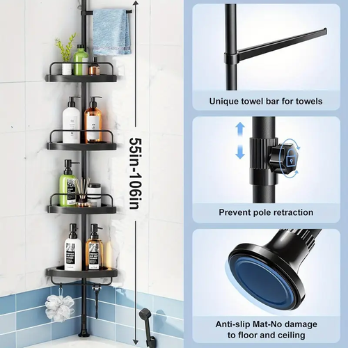 1pc HAMITOR Adjustable 4-Tier Corner Shower Caddy, Tension Mount Stainless Steel Pole, Anti-Slip Silicone Pads, Quick Install No-Drill Bathroom Storage Rack, Black