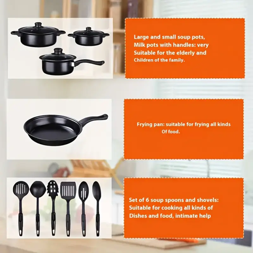 13pcs cast iron cookware set, non-stick POTS and pans with glass LIDS, lightweight and portable, including frying pan, milk pan and nylon cutlery, perfect for camping, picnicking, traveling - black