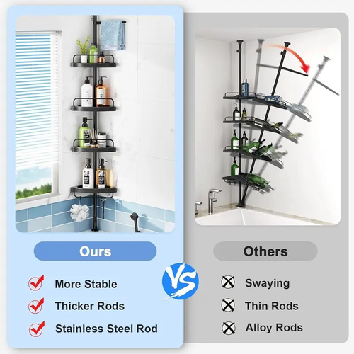 1pc HAMITOR Adjustable 4-Tier Corner Shower Caddy, Tension Mount Stainless Steel Pole, Anti-Slip Silicone Pads, Quick Install No-Drill Bathroom Storage Rack, Black