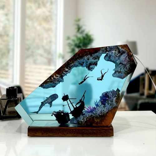 underwater shipwreck whale shark couple divers Warm Glow with Ocean Series Resin Lamp – Includes Diver Artwork