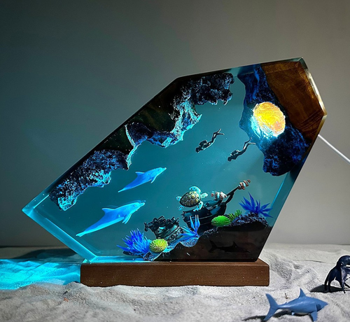underwater shipwreck dolphin couple divers Warm Glow with Ocean Series Resin Lamp – Includes Diver Artwork