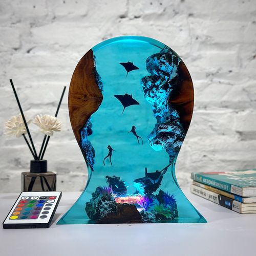 Diver and manta ray headphone stand Gaming resin lamp large