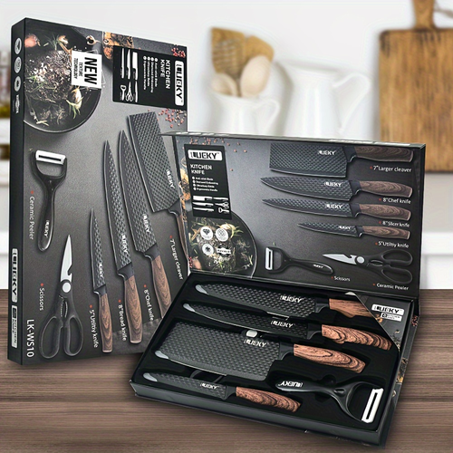 Professional 6-piece Kitchen Knife Set, Chef's Knife, Slicing Knife, Scraper And Scissors, Stainless Steel Super Sharp, with Anti-stick Ergonomic Wooden Handle, Chef's Knife Set, Suitable for Family Travel, Gift Box Set