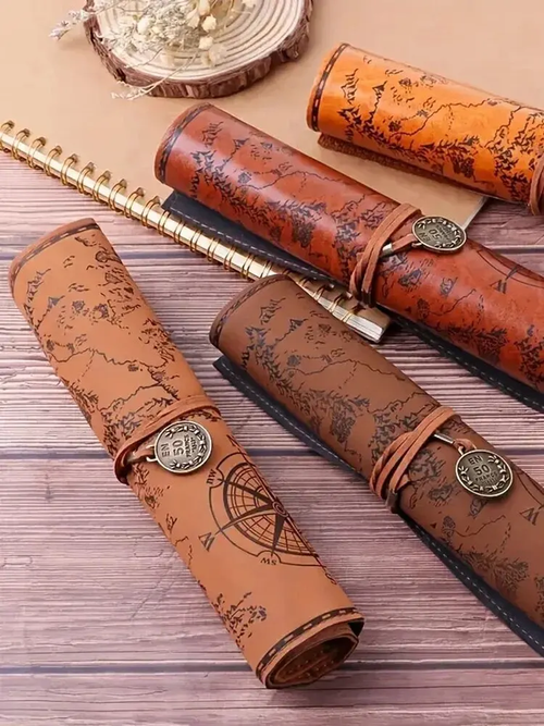 Vintage Treasure Map Pencil Case, Leather Roll-Up Pouch w Embossed Buckle, Large Capacity School Office Organizer (Gift)