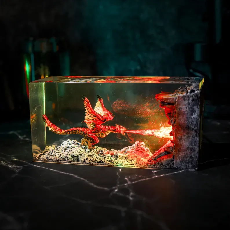 Unique Dragon Resin Art Lamp - Dimmable Resin Sculpture Light with USB Charge