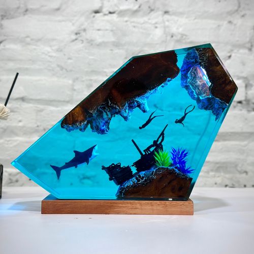 underwater shipwreck great white shark couple divers Warm Glow with Ocean Series Resin Lamp – Includes Diver Artwork