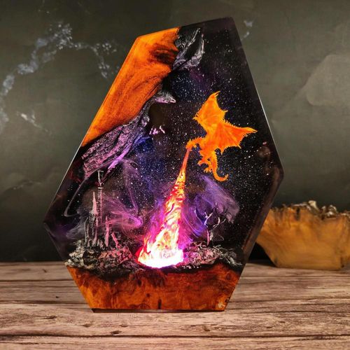 Castle Fire  Dragon Resin Art Lamp - Dimmable Resin Sculpture Light with USB Charge
