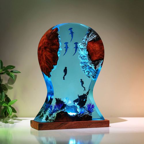 Diver and hammerhead shark headphone stand Gaming resin lamp large