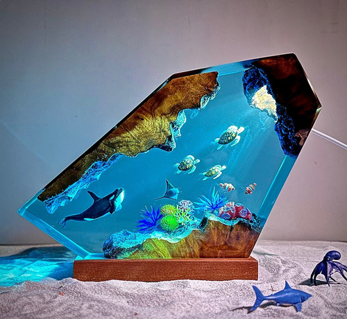 Killer whales, baby turtles and manta ray Nautical Lighting Gem: Ocean Series Resin Lamp with Diver Motif