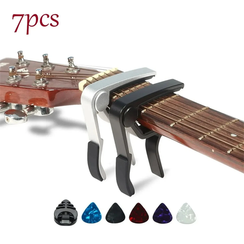 7pcs Guitar Capo for Acoustic And Electric Guitars With 5 Picks for Free And 1 Holder,Black,Silver