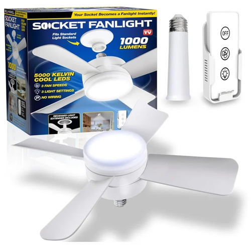 Socket Fan Light 1000 Lumen 5000K Bulb Cool Lamp LED Ceiling Fans with Lights and Remote Control For Bedroom Kitchen Living Room