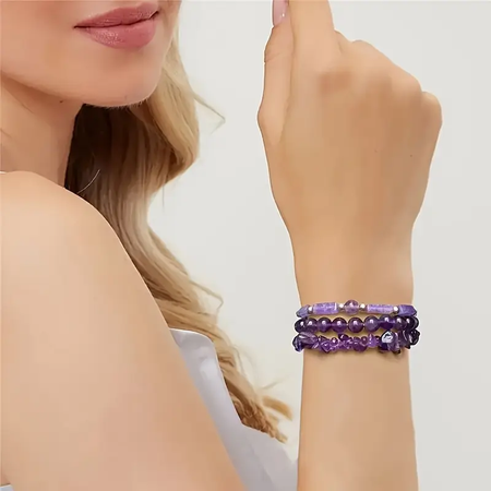 💎3-Piece Natural Amethyst Bracelet Set - Elegant Jewelry for Work-Dating-Travel,🌙 Unique Gift for Her (Mother s Day-Birthday)👩❤️👨