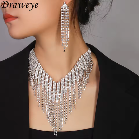 Draweye Hyperbole Rhinestones Jewelry Sets Tassels Dinner Party Vintage Earrings for Women Fashion Elegant Aretes De Mujer