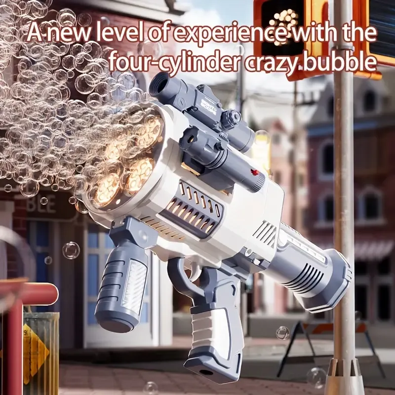 Rechargeable automatic bubble machine gun, produces 10,000+ bubbles per minute, comes with 10 scopes, 1 flashlight, 30 refills