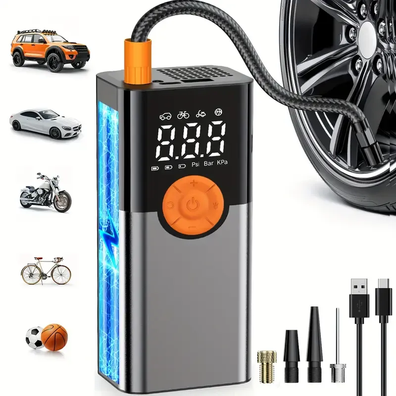 Tire Inflator Portable Air Compressor 150PSI, 6000mAh Car Tire Fast Air Compressor Inflate 4 Times Faster with Digital Pressure Gauge, Built-in LED Light, Auto Shutoff, Perfect for Bicycles, Motorcycles, Sports Balls