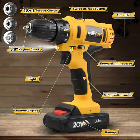 Cordless Powerhouse 20V Drill Kit 18+1 Clutch Adjustments Dual Speed for Home Repairs Woodworking Outdoors