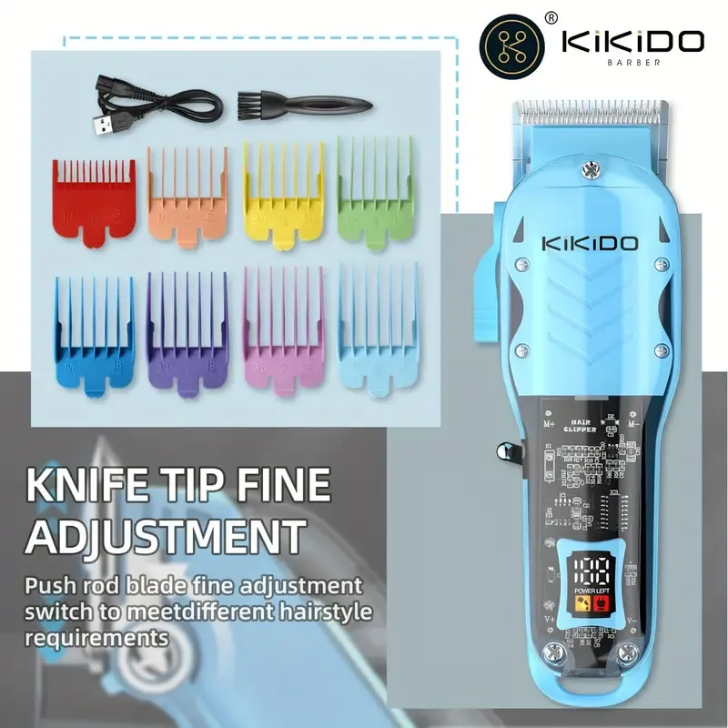 KIKIDO KK-803D Transparent Electric Hair Clipper ⚡Adjustable blade USB charging LED screen 10 comb accessories Home salon dual use Blue, red and yellow