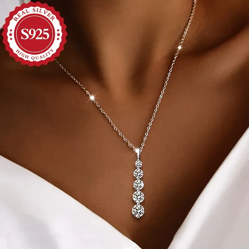 ✨S925 Sterling Silver French-style Necklace | 5-Stacked Shimmer Zirconia Pendant🌟 Day-to-Night Jewelry for Office, Party & Gifts🎉