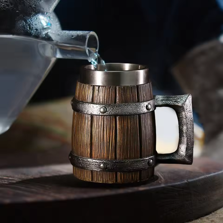 Personalized Wooden Barrel Beer Mug and Resin Coffee Cup Set with Stainless Steel Wine Glasses for Bar Decor and Gift 4 Piece Set 😎🍺☕🍷🎁