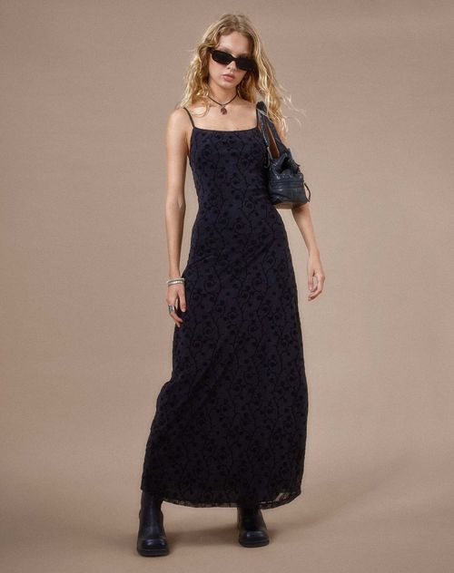 Nodu Maxi Dress in Black Dainty Floral Flock