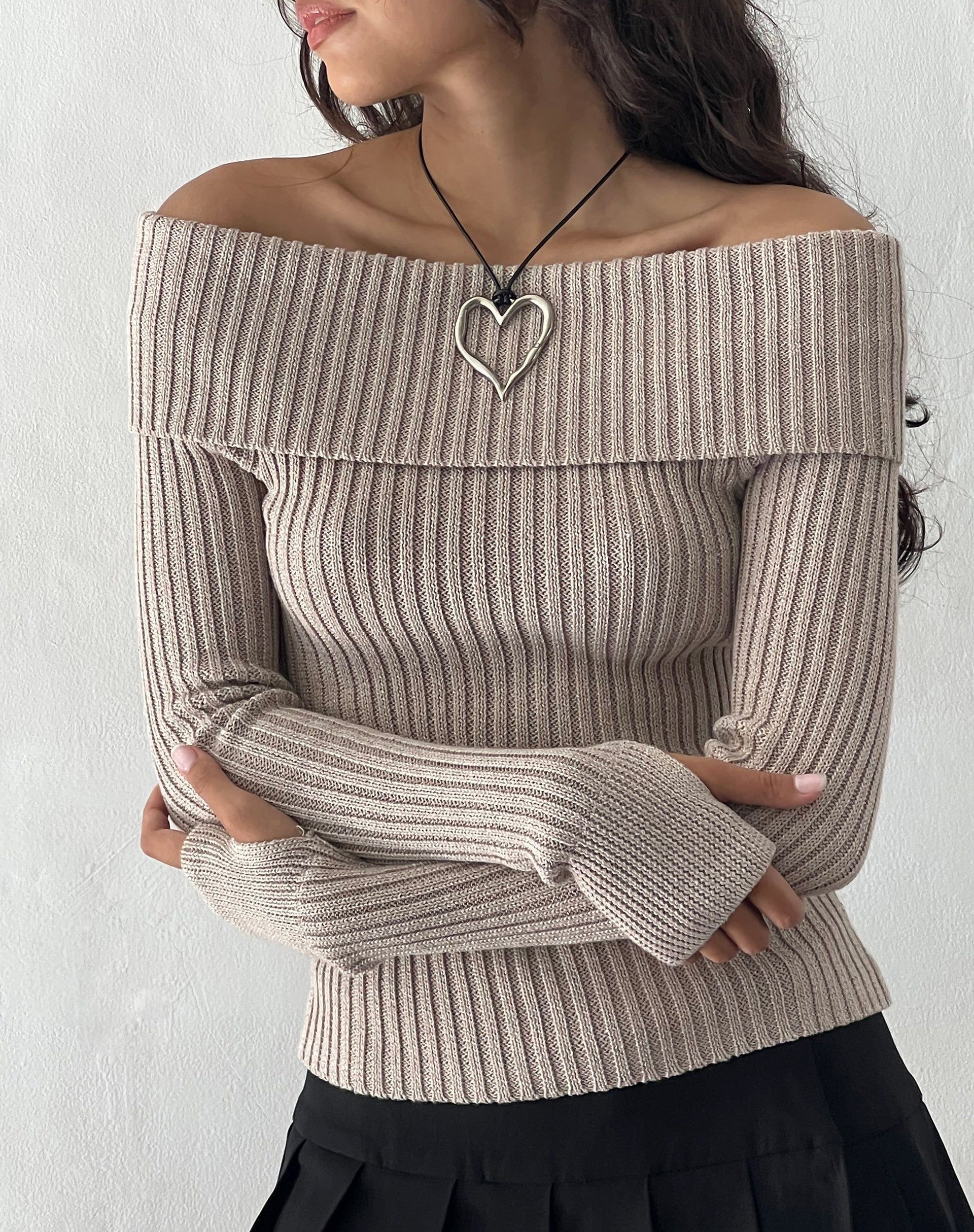 Circe Off-Shoulder Long Sleeve Knit Top in Natural