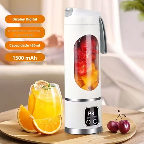 Liquidificador e Espremedor Portátil USB Recarregável – 3 Modos, Display Digital,  Trava de Segurança, PP Grau Alimentício, Fácil de Limpar, Ideal para Viagens – Sucos Frescos em Qualquer Lugar,Pagamento na entrega