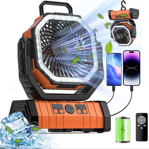 Ventoinha portátil para acampamento alimentada por bateria, ventoinha recarregável com controlo remoto e luz LED, 4 velocidades de fluxo de ar forte e luz com 3 cores, ideal para mesa, exterior, tenda, acampamento ou pesca,Pagamento na entrega