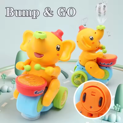 Cute Elephant Musician Electric Motorcycle Toy, Light-up Drumming Elephant, Floating Ball Blowing Omnidirectional Car, Gift for Boys and Girls