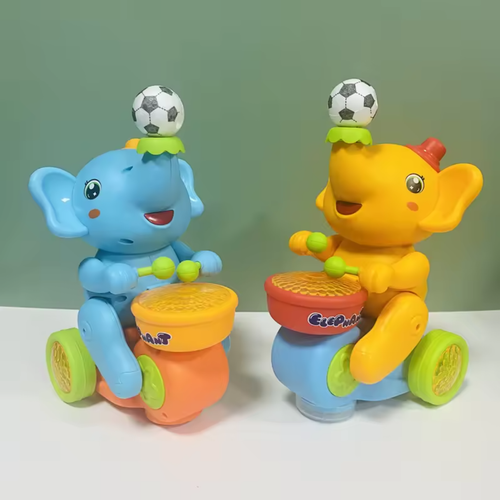 Cute Elephant Musician Electric Motorcycle Toy, Light-up Drumming Elephant, Floating Ball Blowing Omnidirectional Car, Gift for Boys and Girls