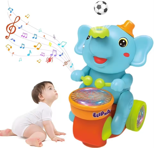 Cute Elephant Musician Electric Motorcycle Toy, Light-up Drumming Elephant, Floating Ball Blowing Omnidirectional Car, Gift for Boys and Girls