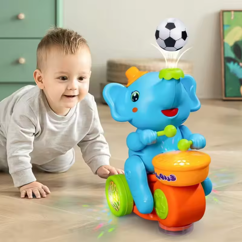 Cute Elephant Musician Electric Motorcycle Toy, Light-up Drumming Elephant, Floating Ball Blowing Omnidirectional Car, Gift for Boys and Girls
