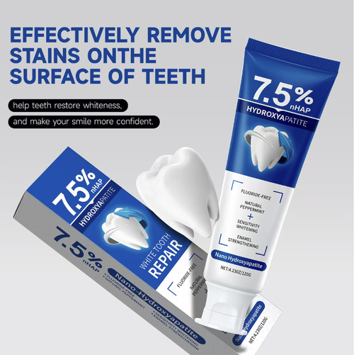 If you place an order today, you will receive 5 boxes of Japanese-developed dental regenerative technology nano-hydroxyapatite toothpaste. This toothpaste contains 7.5% nano-hydroxyapatite and can repair tooth enamel, alleviate sensitivity symptoms, gently remove yellowing and stains, and is a fluoride-free formula, suitable for family use. It helps restore the health and luster of teeth and protects a confident smile.