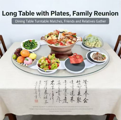 This long table rotating track turntable can be set up simply by laying out the table. It can smoothly rotate the dishes by hand. The food-grade round plates are spill-proof. Elderly and children can operate it. It is convenient to dismantle and clean and doesn't take up much space. The long table can instantly transform into a reunion table. During family dinners, every dish can be easily picked up. The dining experience is relaxed and lively.