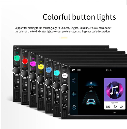 7-inch high-definition large-screen car MP5 player, supporting Carplay connectivity and Bluetooth 5.0, hands-free calling + lossless music playback. Equipped with seven-color ambient lights, EQ audio effect adjustment, rearview camera and USB  TF card audio playback. Electronic shock resistance and stability. Can be directly replaced with the original car audio system, making old cars instantly become smart vehicle-mounted devices.