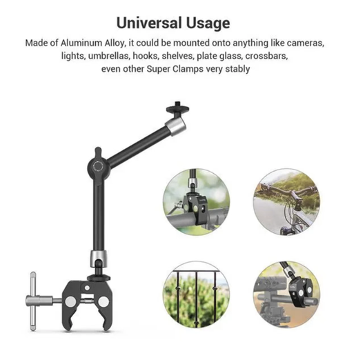7-11 inch aluminum alloy magic arm stand, with crab-claw clamps for strong fixation, 360° adjustable universal joint, suitable for accessories such as monitors, lighting fixtures, microphones, etc. It is sturdy and durable, and is a practical expansion tool for photography live streaming creation. A set of brackets can meet various expansion needs, allowing you to easily create more creative shooting positions.