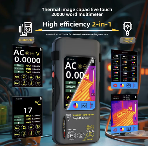 Touchscreen infrared thermal imaging multimeter, featuring both thermal imaging temperature measurement and electrical measurement functions. The high-definition color screen displays the temperature difference in the temperature zone in real time, with high measurement accuracy. It can detect circuit overheating and floor heating leakage faults, and has an insulated and safe body that is portable and durable. It is suitable for electricians, industrial inspections, and home decoration repairs.