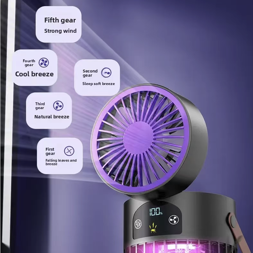 The three-in-one portable camping fan combines the functions of blowing air, emitting ultraviolet light for physical mosquito trapping, and providing ambient lighting. It is non-toxic and odorless. The fan angle can be adjusted. It has long-lasting battery life via USB charging and comes with a portable handle. The protective grille design is safer. It can be used for camping, home use, fishing, and cooling off to prevent mosquitoes.