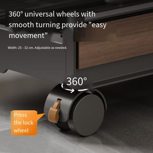 25-32cm adjustable to fit various-sized computer cases. The perforated grille design accelerates heat dissipation. The 360° swivel wheels are equipped with a push-button brake, ensuring stable movement without scratching the floor. The black background with wood grain appearance is simple and elegant, suitable for both gaming and home scenarios. It is a practical choice for hosting and storage of computer equipment.