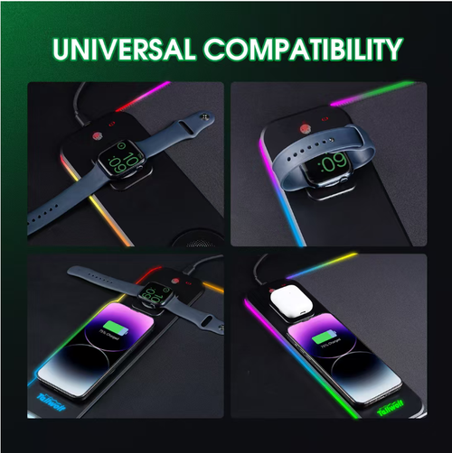 This 3-in-1 wireless charging RGB mouse pad is a lifesaver for your desktop: It has two wireless charging zones that support Qi devices, an 80×40cm oversized size providing smooth support, and RGB lighting effects with multiple modes for touch control. It's plug-and-play and suitable for gaming, office work, and dormitories, making your desktop free from tangled wires and creating a full-on atmosphere. Say goodbye to the annoyance of tangled charging cables.