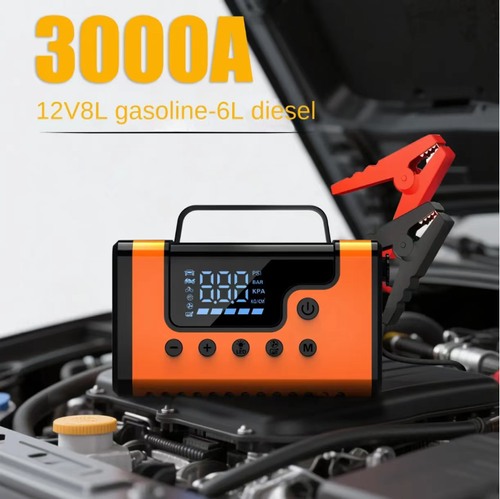 This eight-in-one air pump is a must-have for outdoor vehicle enthusiasts! It can start dead batteries, automatically inflate tires according to preset pressure, remove dust from the vehicle interior, blow away floating dust, come with a strong light warning device, charge your phone, and serve as a complete toolbox. It's a one-stop solution for both in-car and outdoor needs, offering great convenience. It seamlessly integrates all these functions into a practical device.