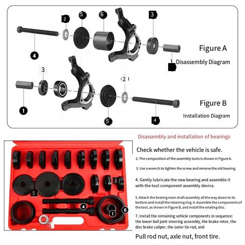 This 24-piece angle-bearing disassembly and assembly tool kit features a no-removal steering knuckle design, enabling efficient disassembly and assembly of the front wheel bearings of cars and motorcycles. The steel material is sturdy and durable, and it is fully compatible with multiple vehicle models. The portable storage box is neatly organized and easy to carry, making it an excellent assistant for auto repair and maintenance.