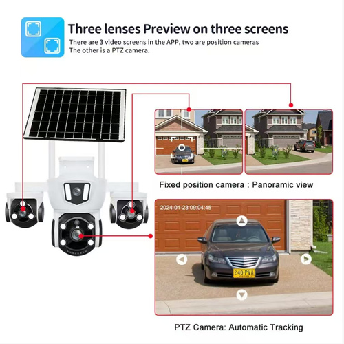 This 4G solar-powered three-camera surveillance camera features a 6-megapixel high-definition image quality. It is equipped with a human infrared sensor, low-power design, outdoor waterproof casing, and is powered by solar cells. It supports remote viewing via mobile phone and has infrared and full-color night vision functions. It is a practical surveillance device for outdoor areas without power supply.