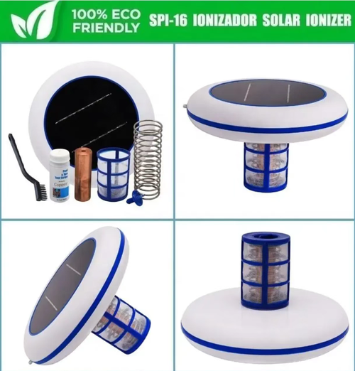 Solar-powered swimming pool ion cleaner, using copper and silver ion technology instead of chlorine. It is non-irritating for hair and skin, suitable for 35,000-gallon water area. Solar-powered, antibacterial and anti-algae. It comes with a filter net basket to intercept debris. Modular design for easy maintenance. Floating operation for comprehensive purification. Ensures clear and safe swimming pool water, allowing you to enjoy a natural and healthy swimming experience.