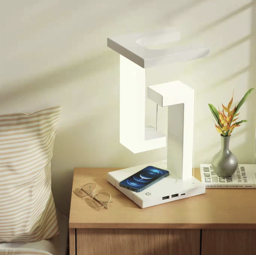 Floating desk lamp with wireless charging. The floating design has a very artistic feel. It features both wireless charging and a USB interface, meeting the charging needs of multiple devices. Intelligent touch control for dimming, with a 4W LED light source that is gentle and good for eyes. The lightweight design weighs only 0.3kg. It is both a desktop art piece and a comprehensive assistant for lighting and charging, making the desktop have both aesthetics and practicality.
